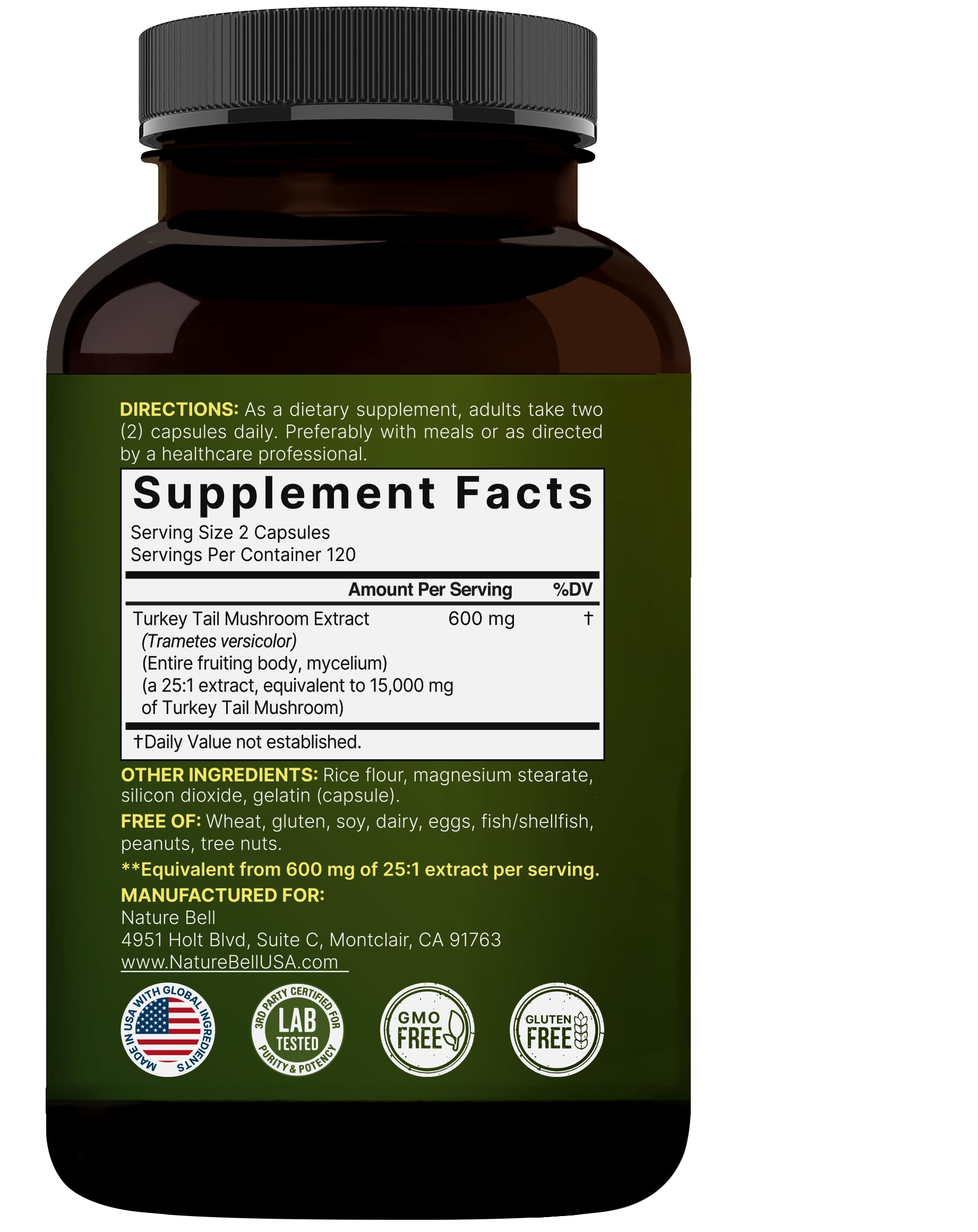 Allergen-free, non-GMO turkey tail capsules illustration
