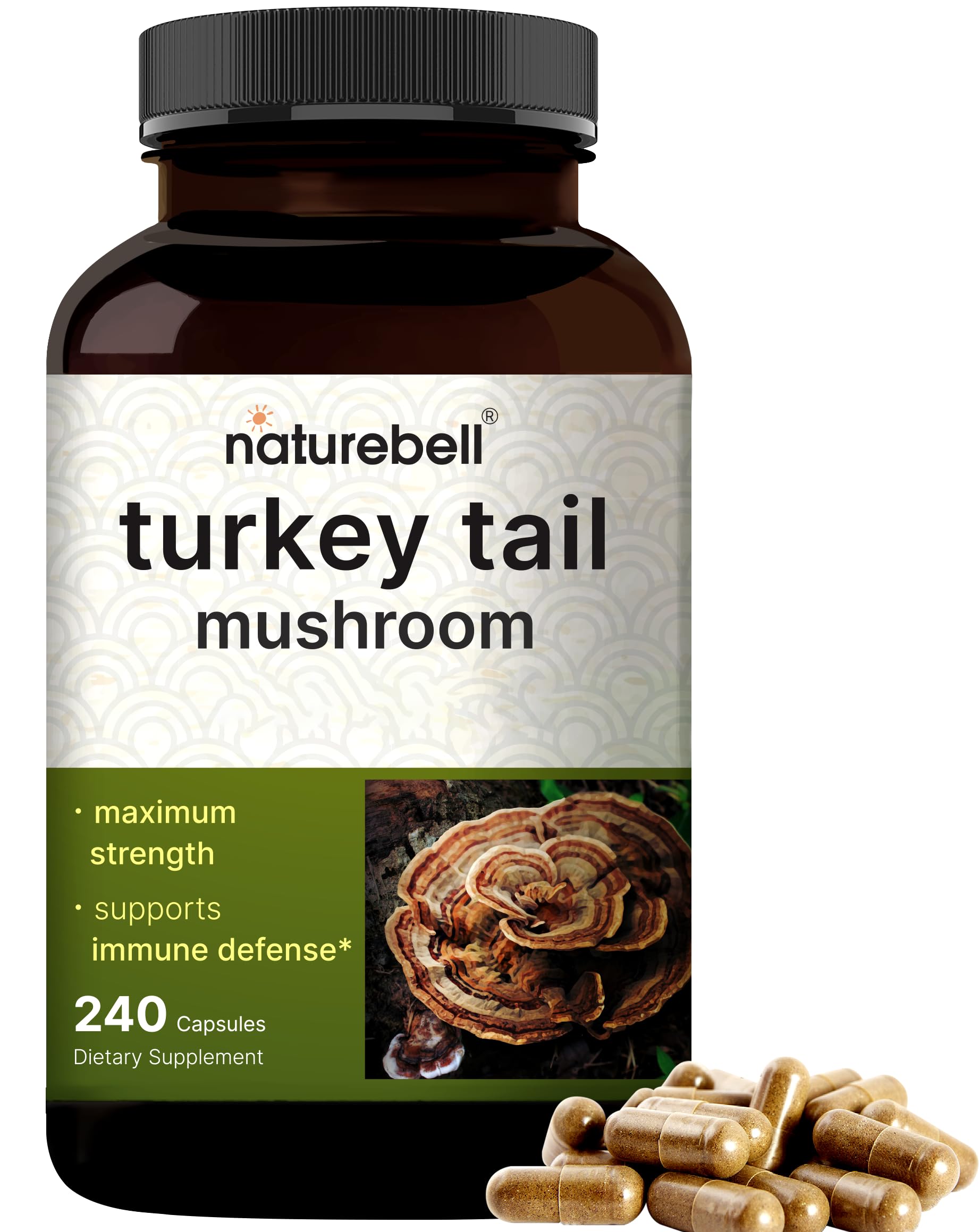Front of NatureBell Turkey Tail Mushroom Capsules bottle, 240-count