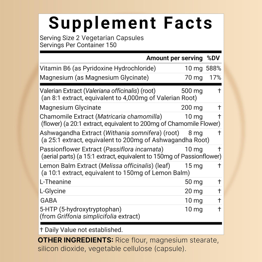 Close up of ingredients including valerian root and magnesium glycinate