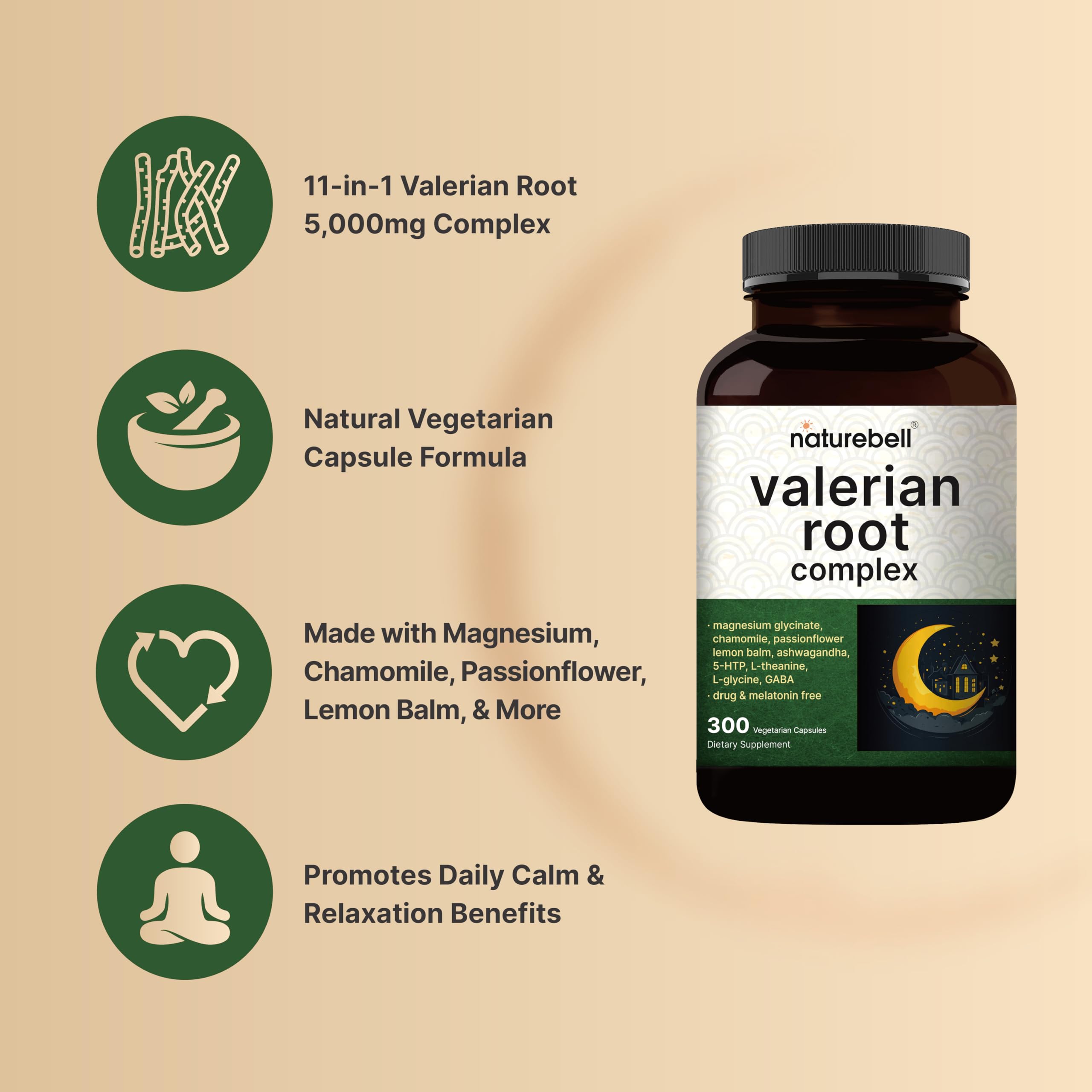 300 veggie capsules in bottle for NatureBell Valerian Root Sleep