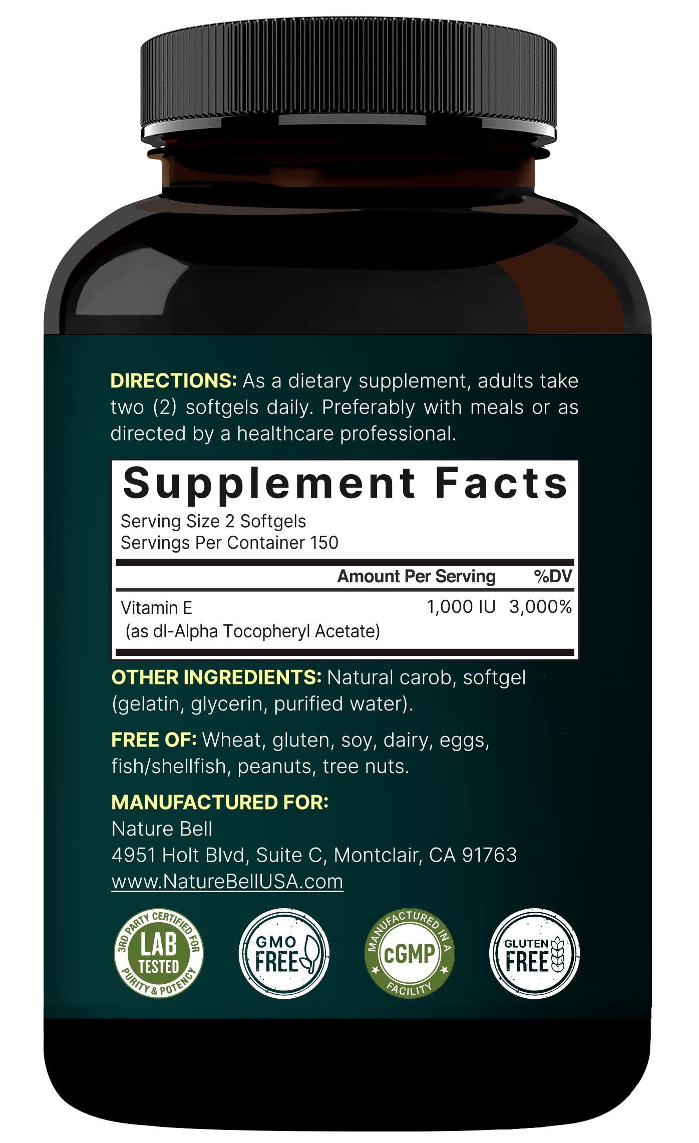 Non-GMO badge on NatureBell Vitamin E Softgels package