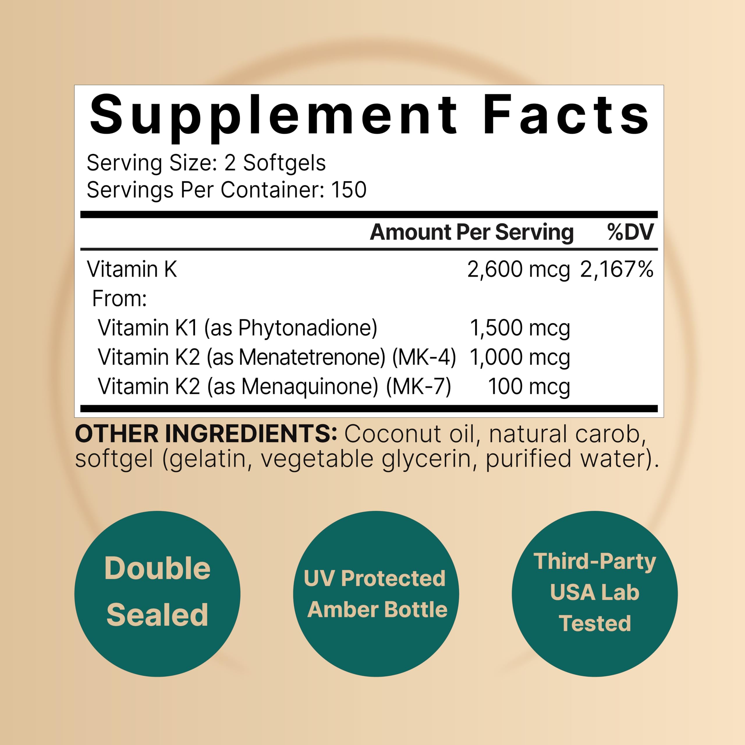 Label showing K1, K2 MK-4 and MK-7 on NatureBell Vitamin K Complex