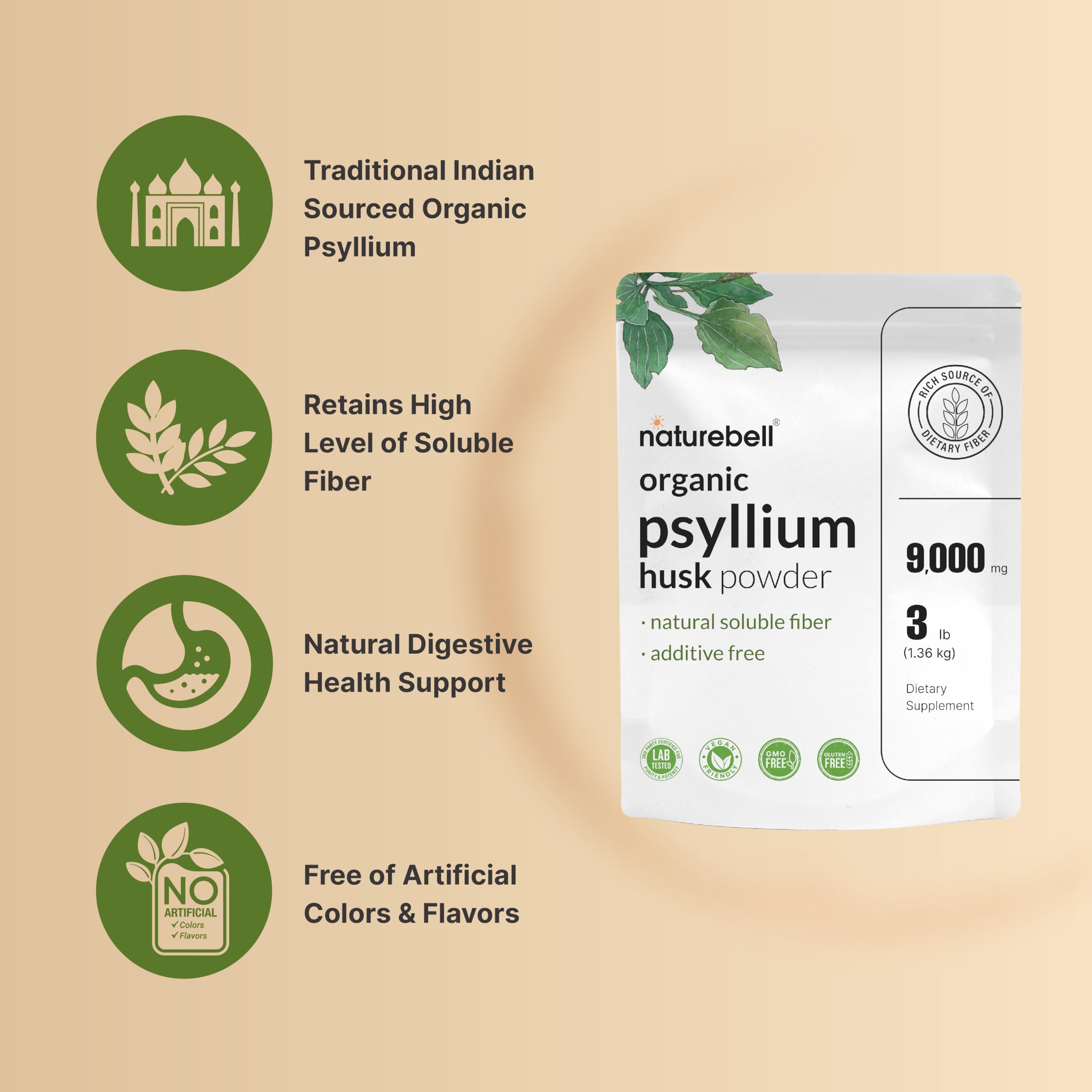 Organic, non-GMO, gluten-free label on NatureBell psyllium product