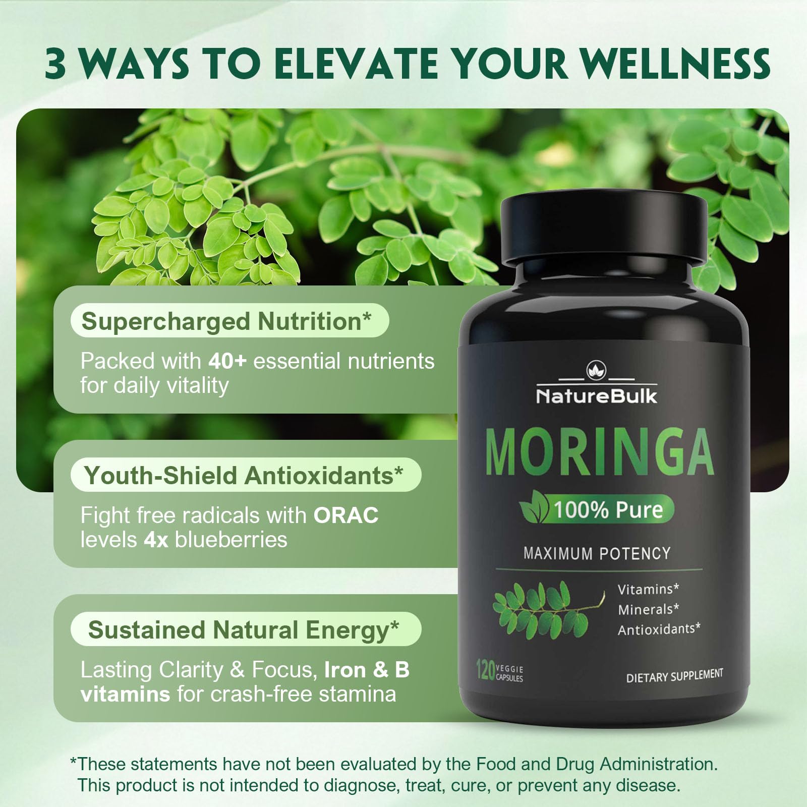 Product packaging and bottle of NATUREBULK Moringa Oleifera 880mg