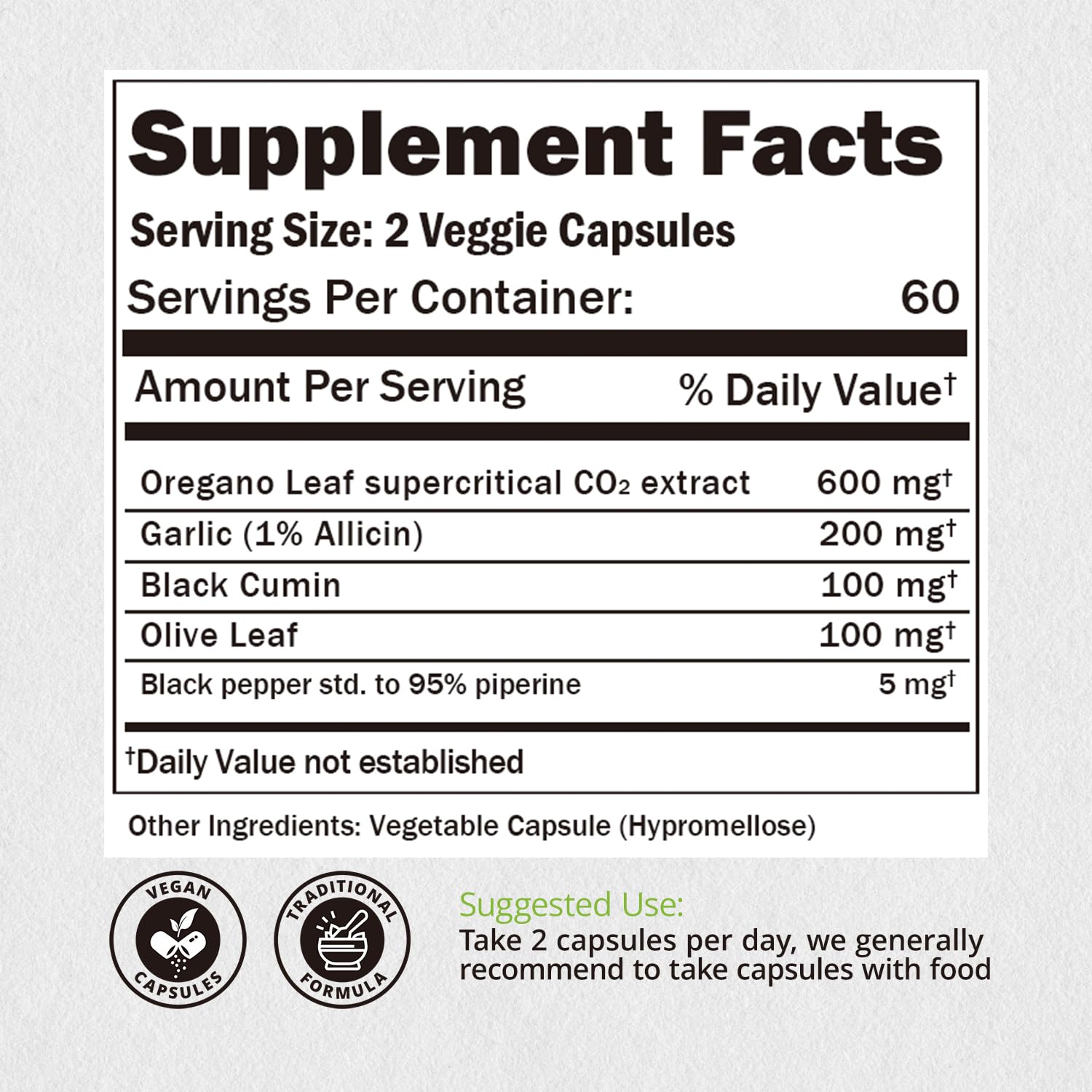 Capsules representing 600mg oregano oil per serving