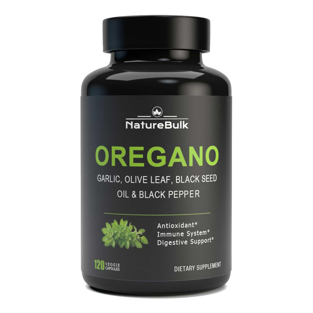 NatureBulk oregano oil extract bottle front view – 120 capsules