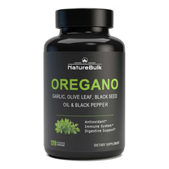 NatureBulk oregano oil extract bottle front view – 120 capsules