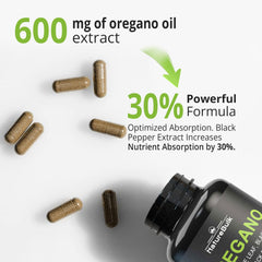 Ingredients blend showing oregano oil extract, garlic extract, olive leaf, black seed oil and black pepper