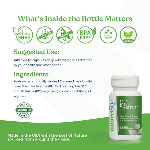 Lifestyle shot of NatureCity TrueMilkThistle on a kitchen counter with bottle