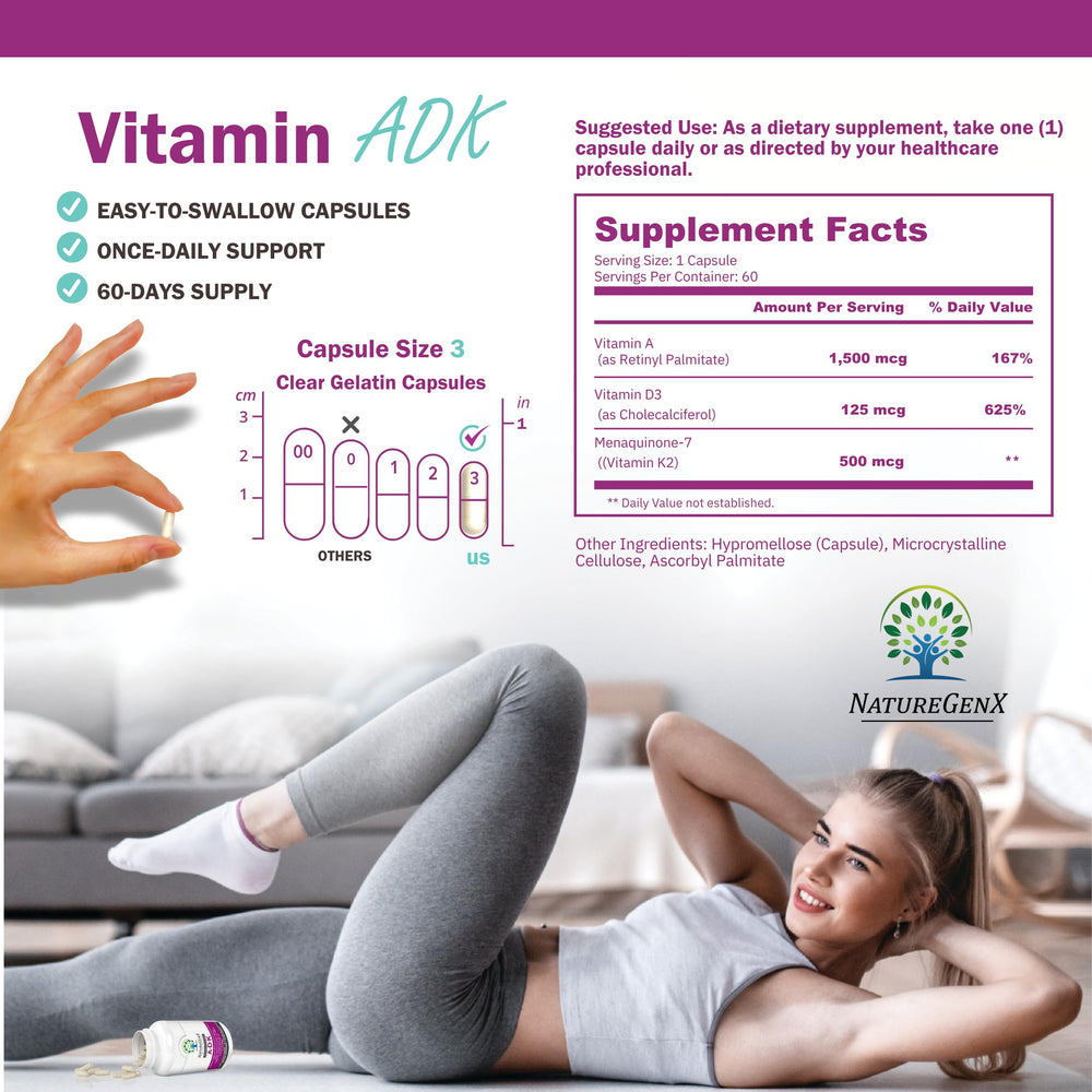 Label highlighting Vitamin A 5000 IU, Vitamin D3 5000 IU, and Vitamin K2 MK-7 500 mcg