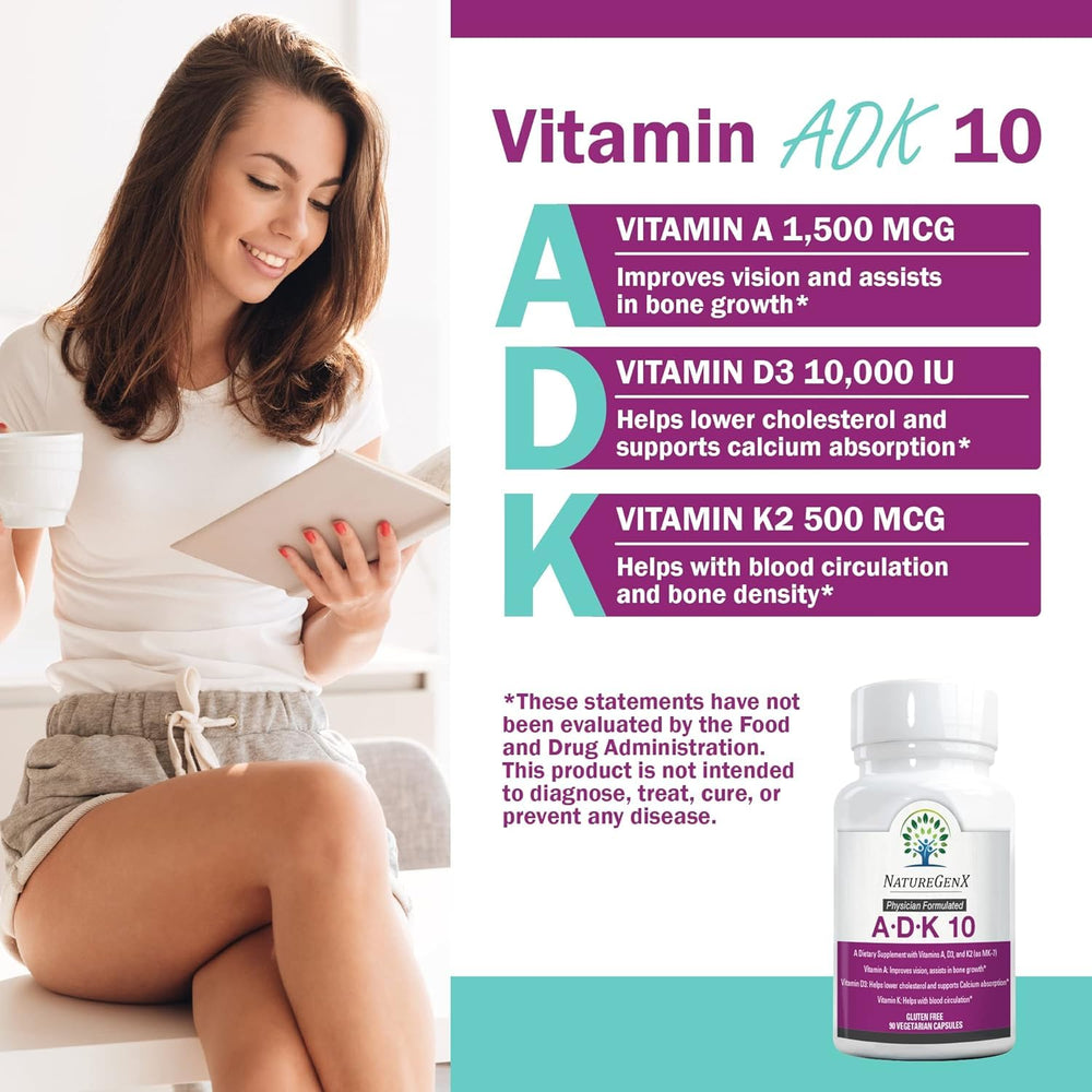 NatureGenX ADK10 label showing Vitamin A, D3 10,000 IU and K2 MK-7