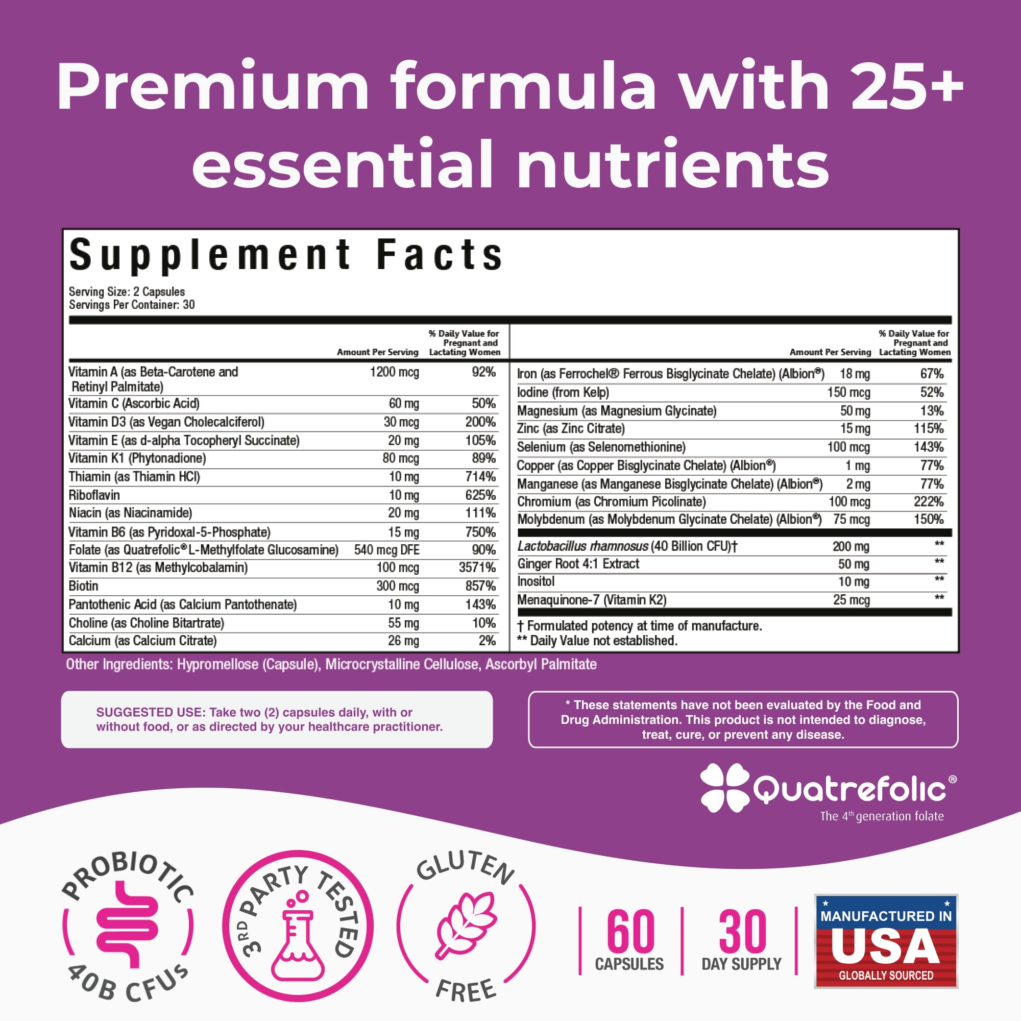 Close-up of NatureGenX Prenatal ingredients: methylfolate, iron, B12, choline
