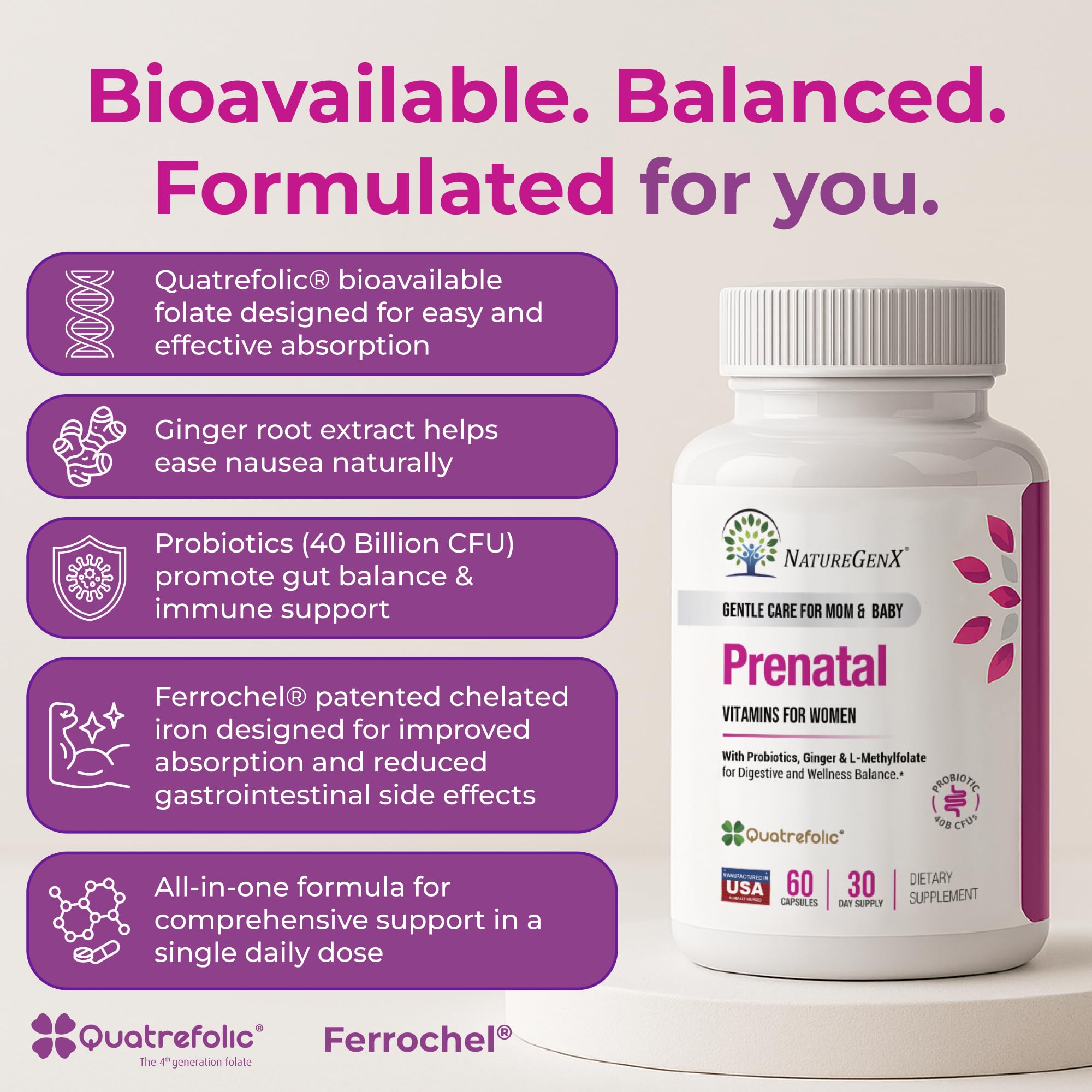 Energy support with active B12 and gentle iron in prenatal vitamins