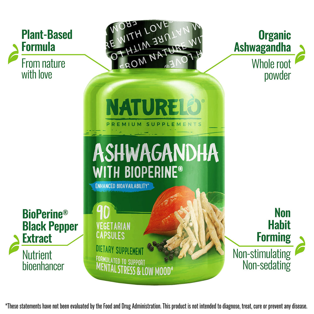 NATURELO Ashwagandha bottle showing 90 vegetarian capsules