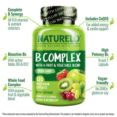 Vegan Vitamin B Complex capsules near CoQ10 bottle