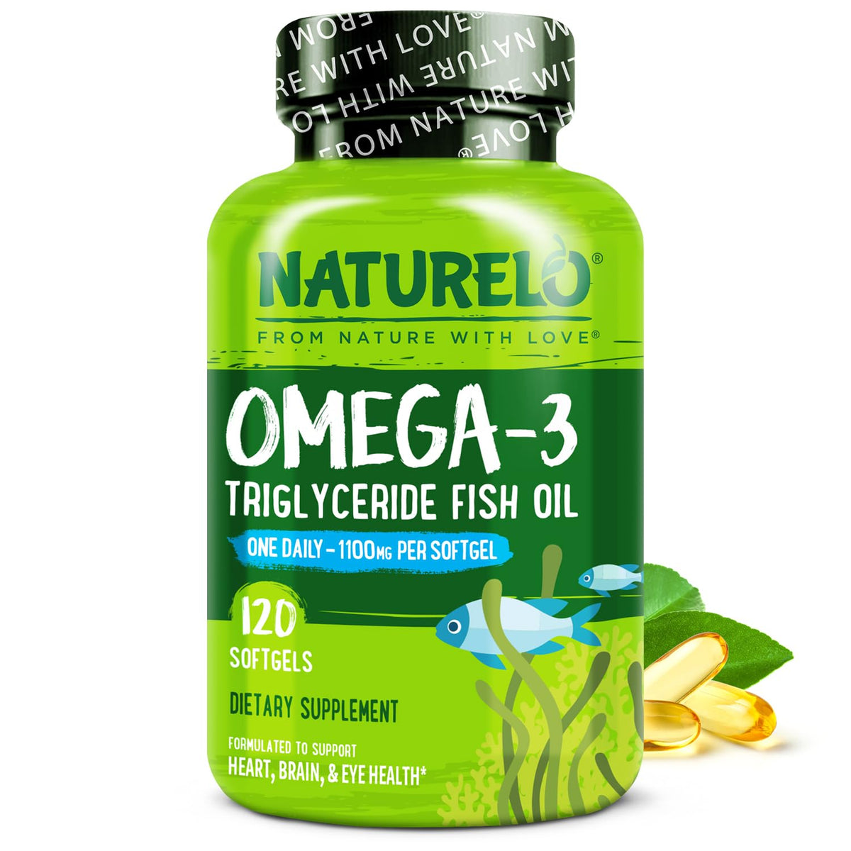 Hero image: bottle of NATURELO Burpless Omega-3 1100mg softgels