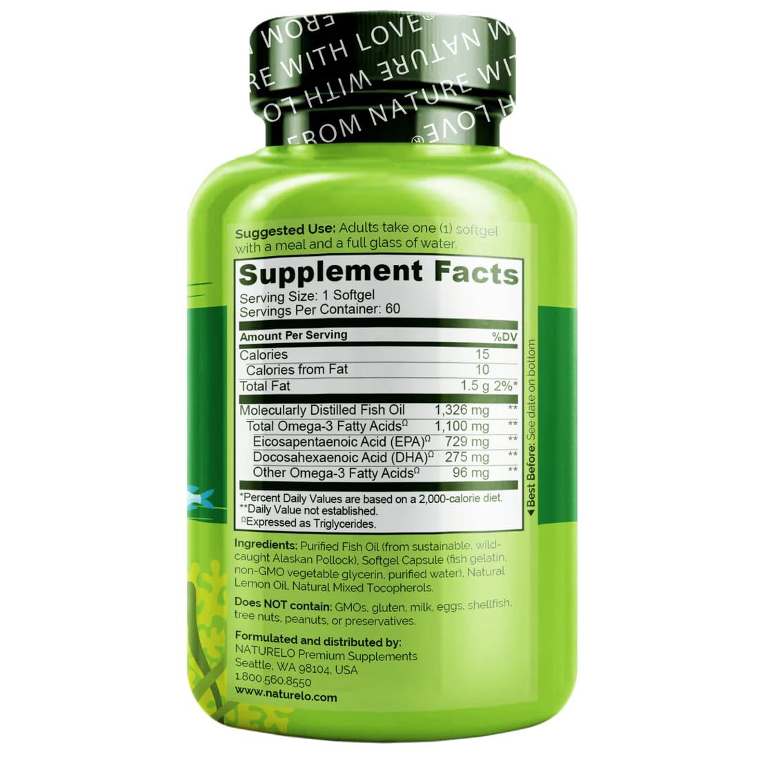 Close-up of burpless 1100 mg triglyceride omega-3 softgels