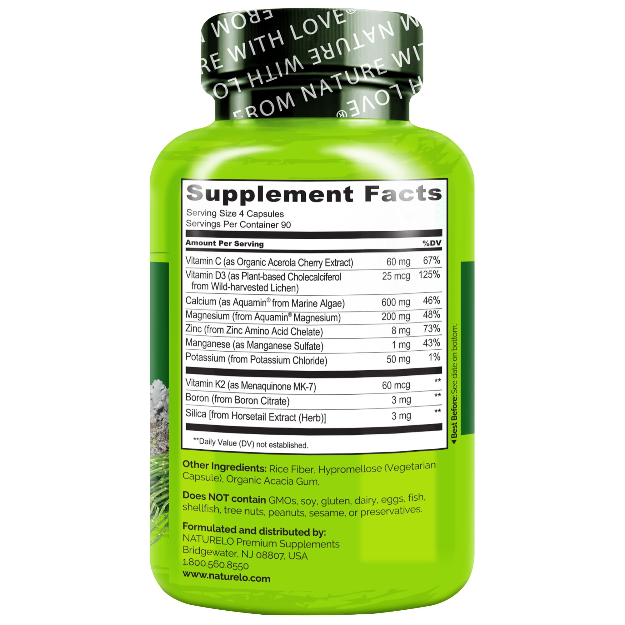 Calcium, vitamin K2, magnesium and zinc ingredients on packaging