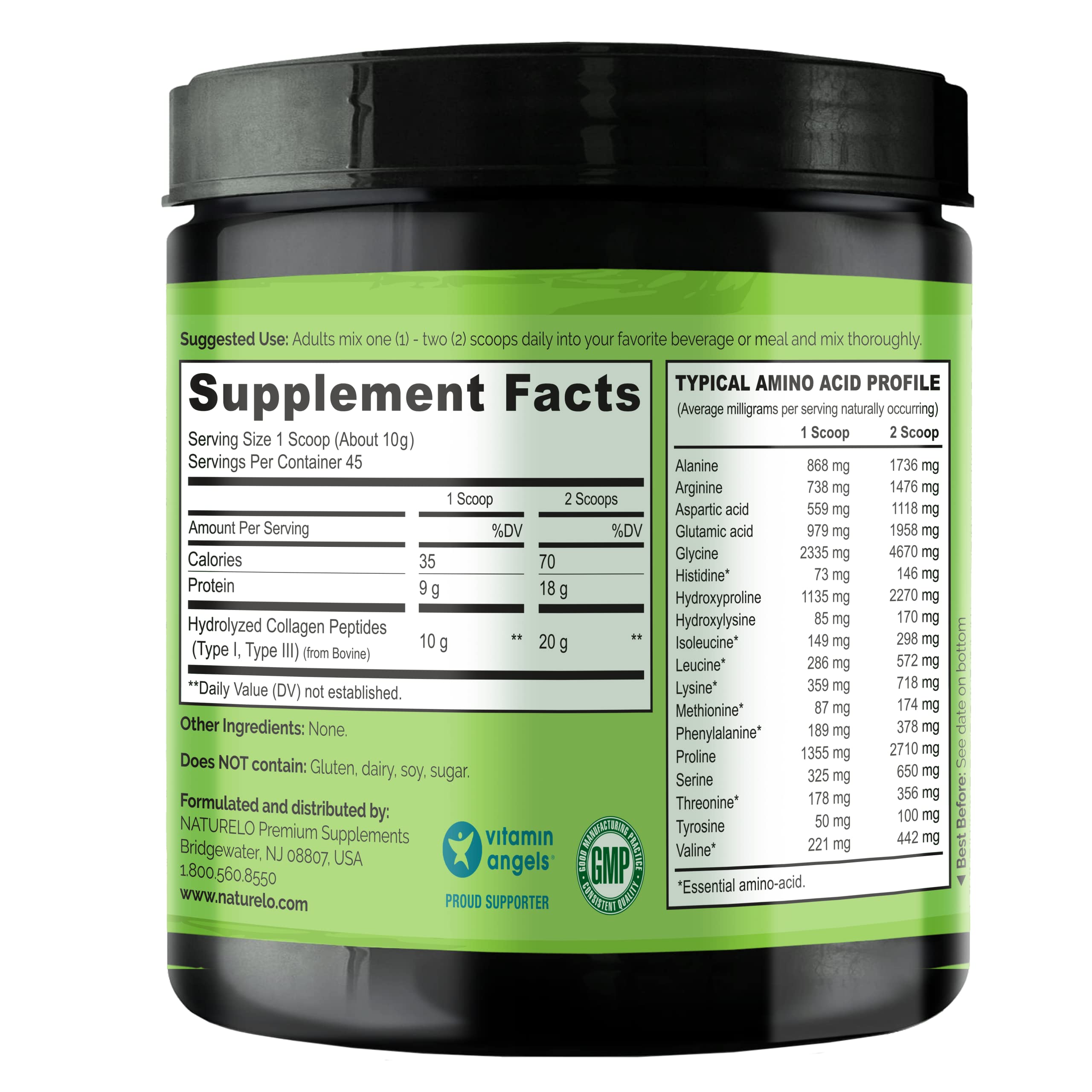 Supplement facts label for Naturelo Collagen Peptide Powder