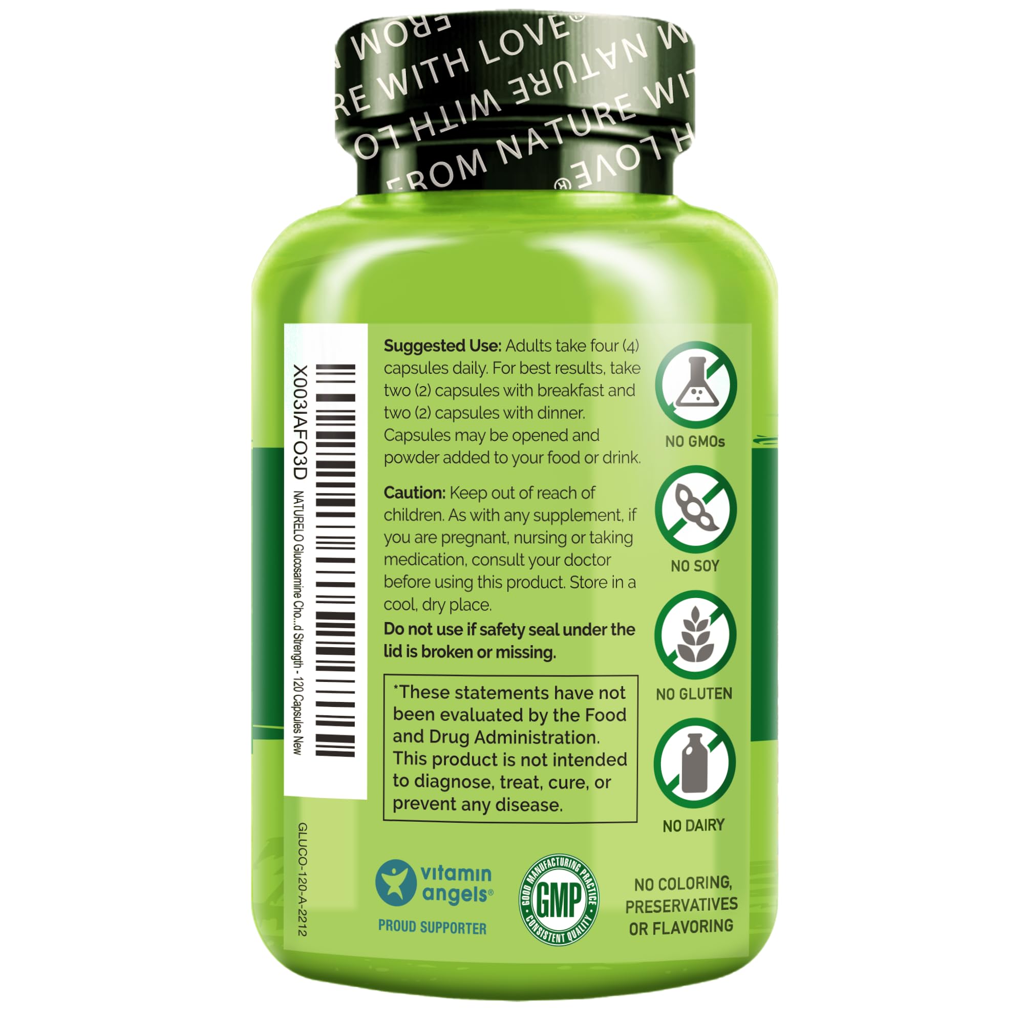 Close-up of supplement bottle showing label details of Glucosamine, Chondroitin, and MSM