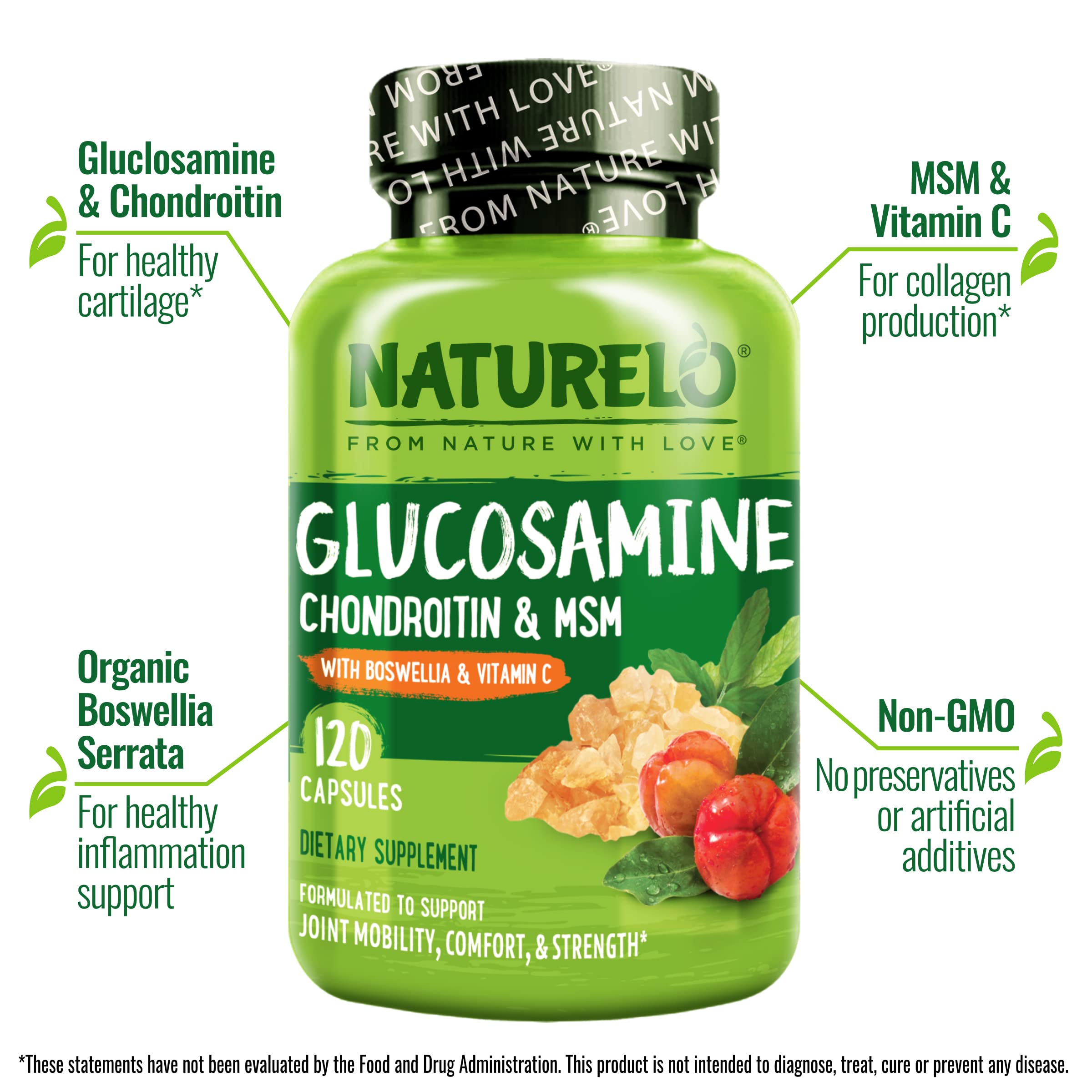 Front view of Naturelo joint health supplement box and bottle