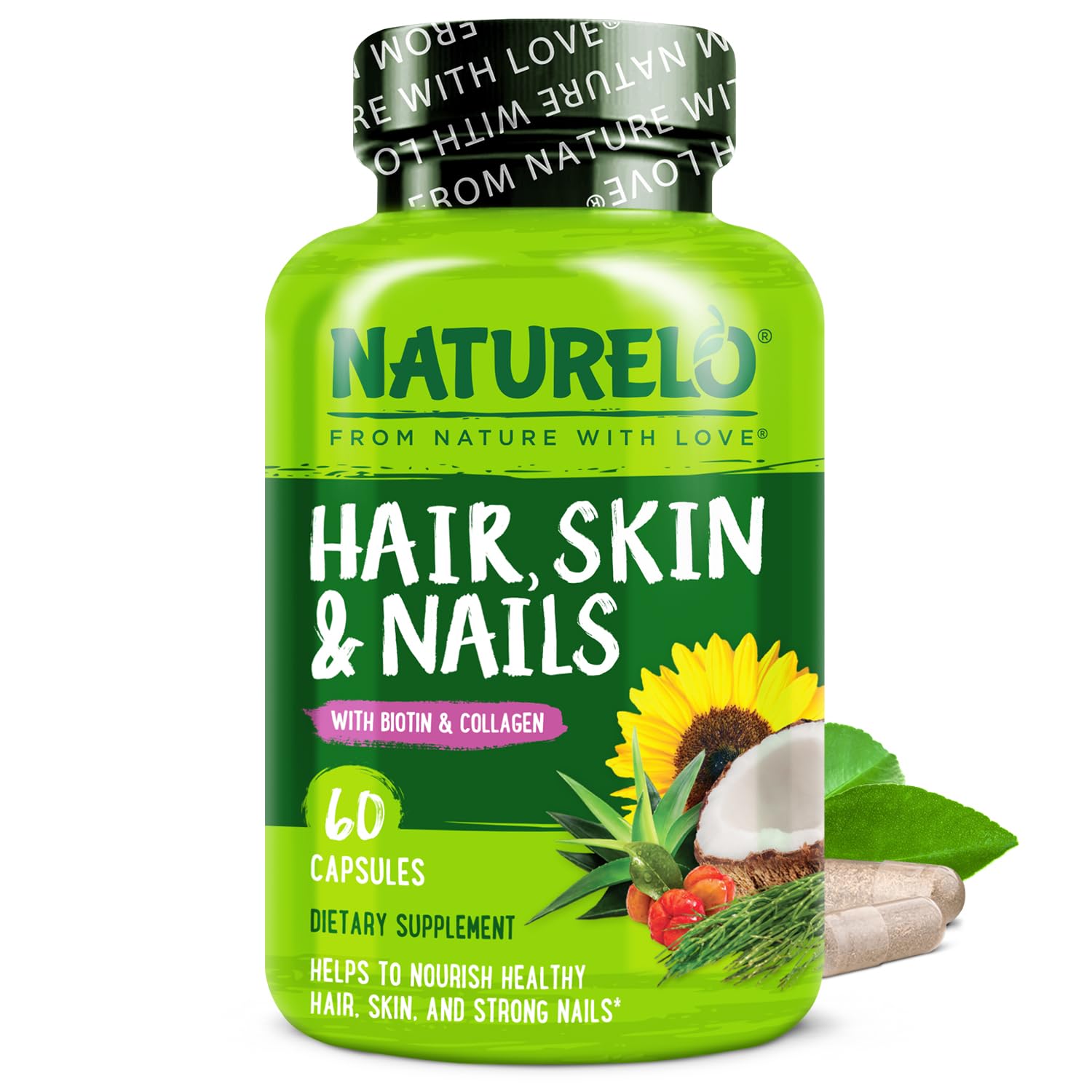NATURELO Hair Skin Nails bottle label – 60 capsules