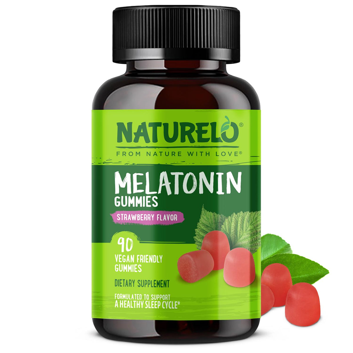 NATURELO Melatonin Gummies bottle front - 90 count