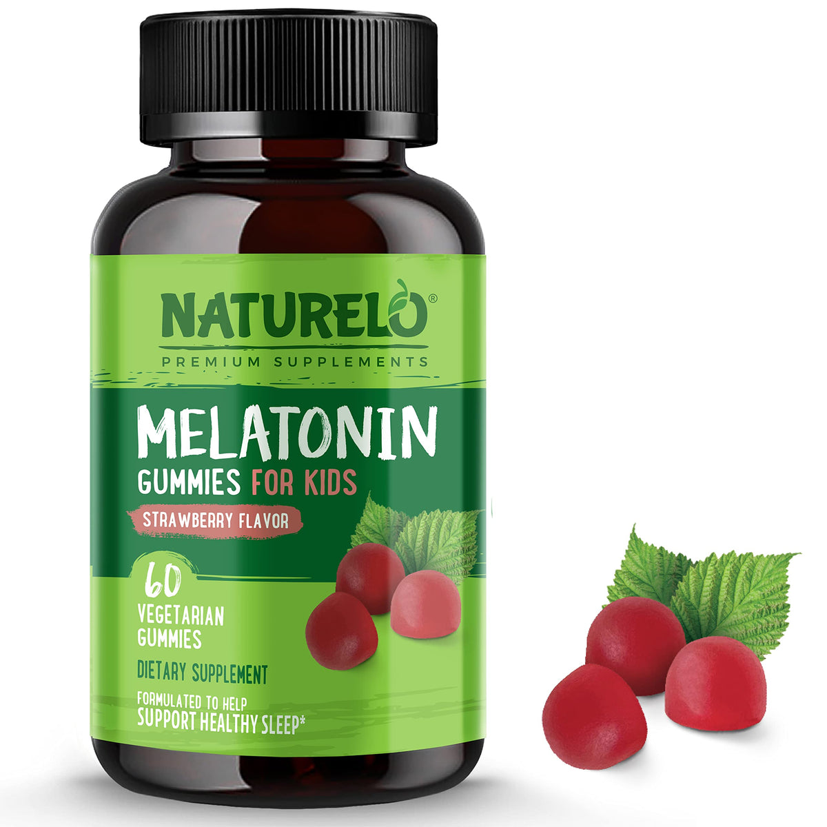 Front of NATURELO Melatonin Gummies for Kids – Strawberry flavor packaging