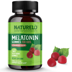 Front of NATURELO Melatonin Gummies for Kids – Strawberry flavor packaging