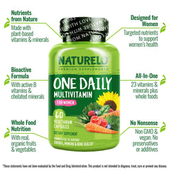 Back panel of NATURELO multivitamin for women showing supplement facts