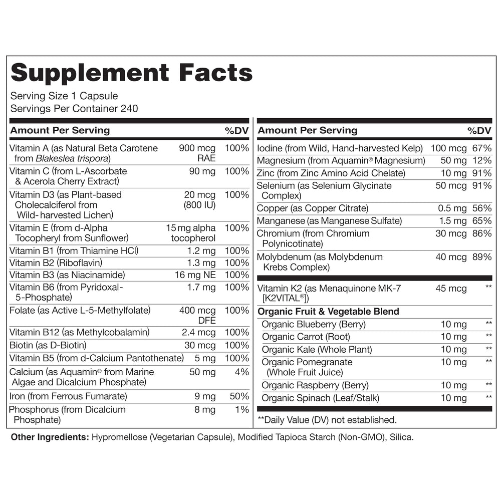 Vegan nutrients included in the multivitamin