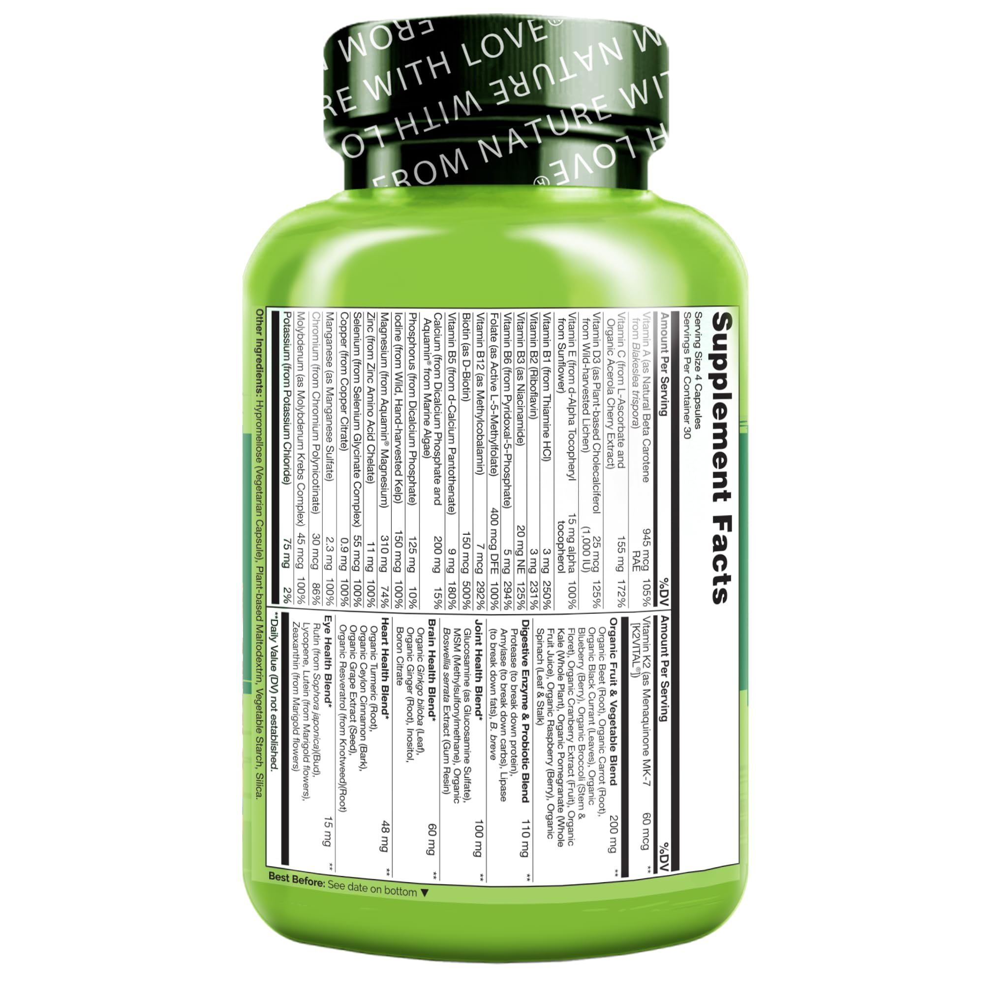 Non-GMO, plant-based ingredients in Naturelo Whole Food Multivitamin for Women 50+