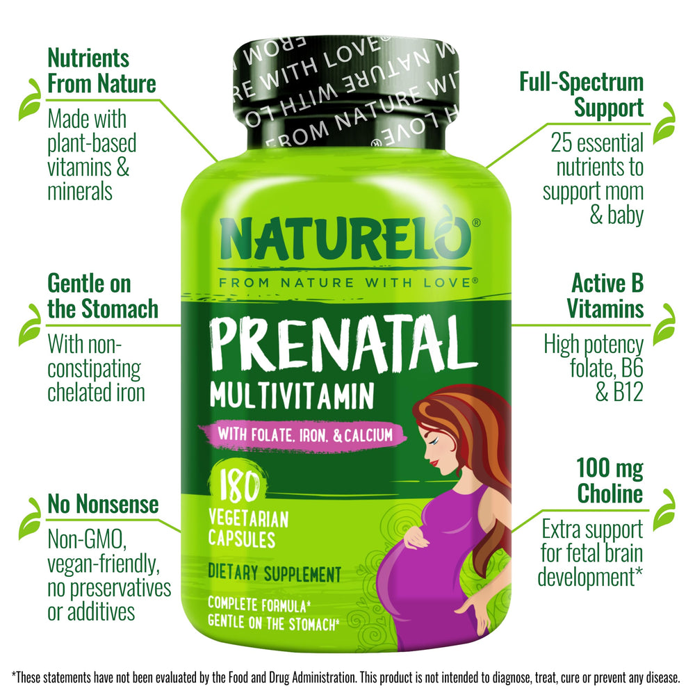 Close-up of NATURELO Prenatal label showing vegan and gluten-free claims