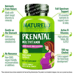 Close-up of NATURELO Prenatal label showing vegan and gluten-free claims