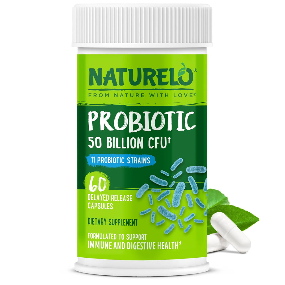 NATURELO Probiotics digestive health hero image showing 50B CFU and 11 strains