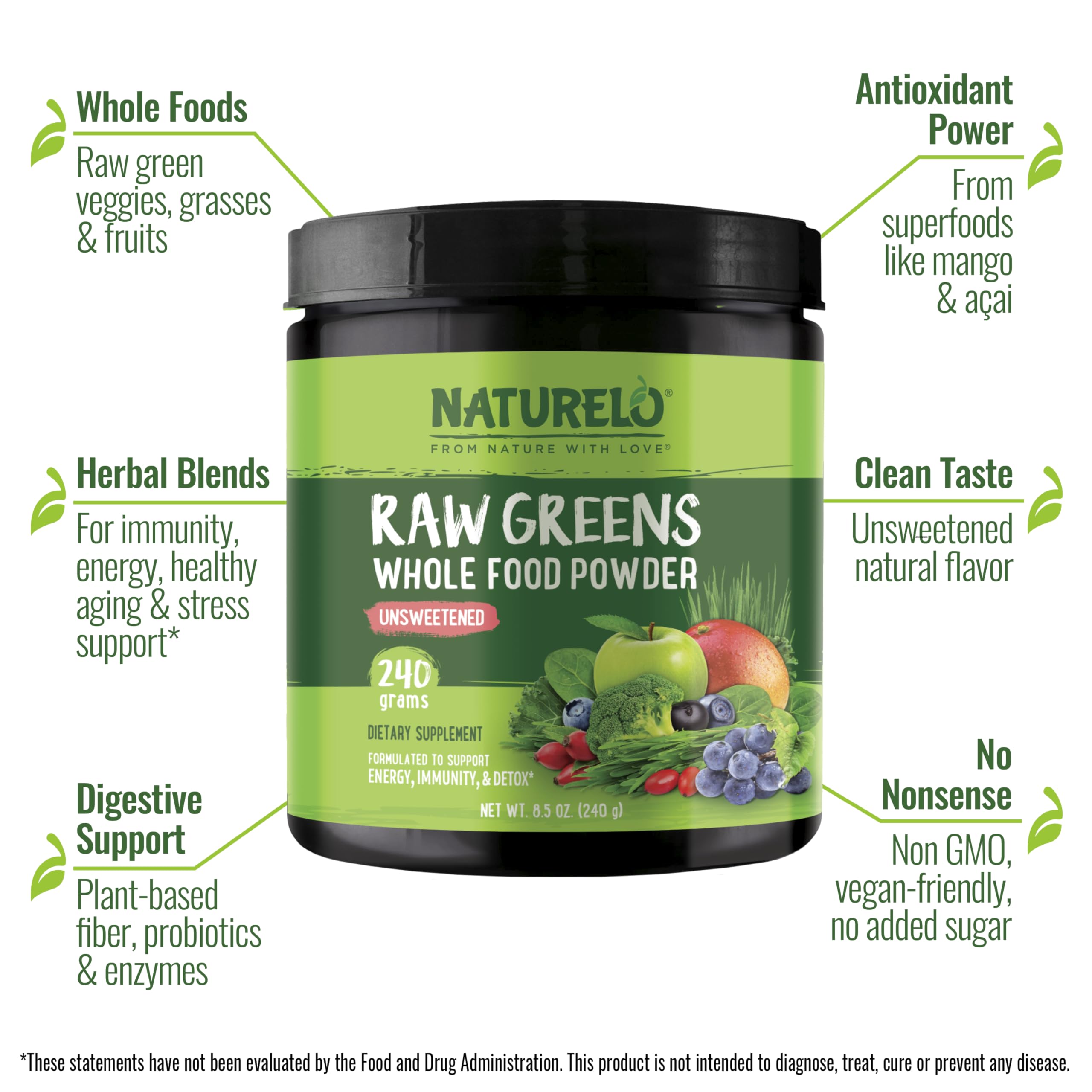 Front view of NATURELO Raw Greens Powder bottle