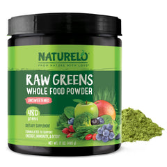 Front view of NATURELO Raw Greens Powder unsweetened 480 g jar