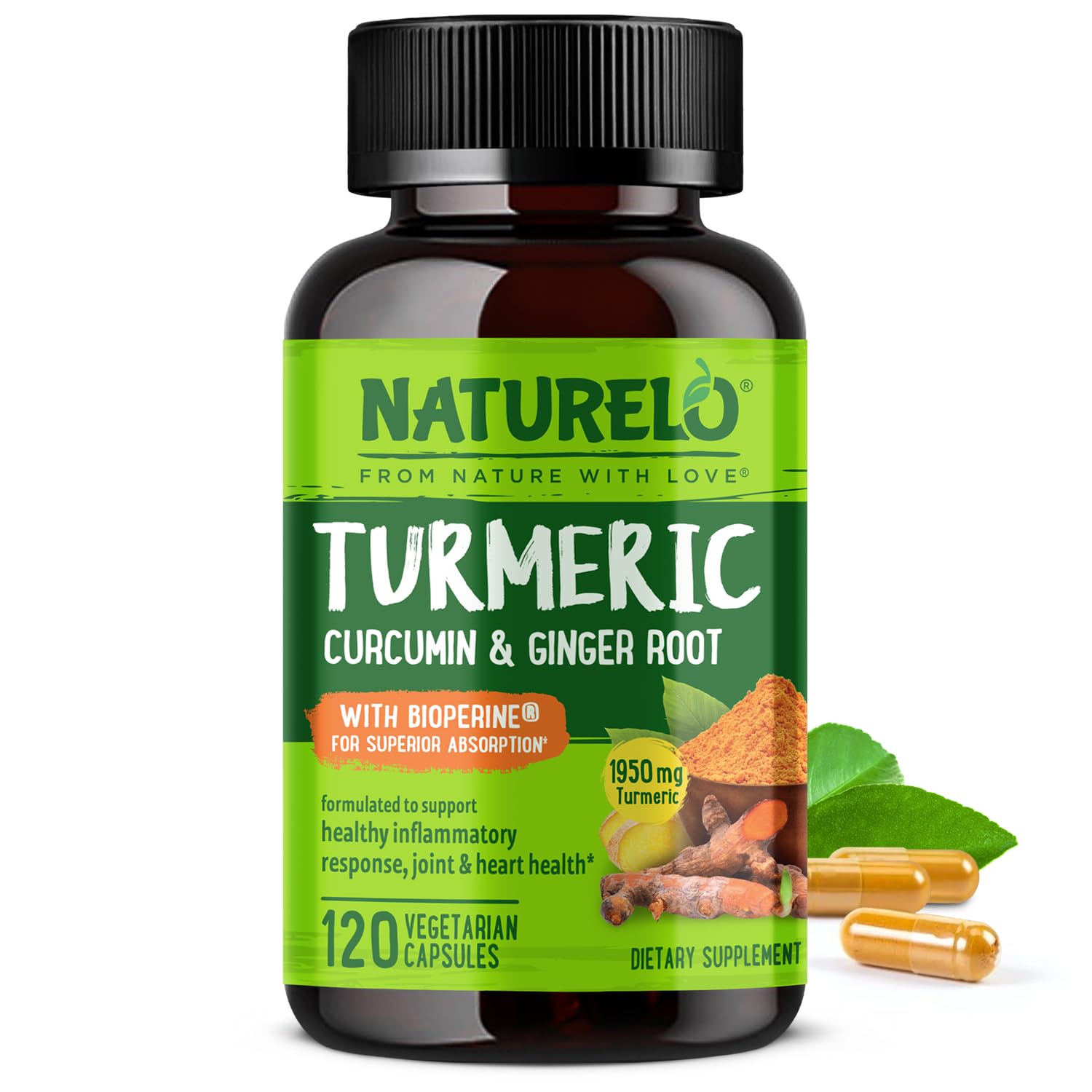 NATURELO Turmeric Curcumin with BioPerine bottle - 120 vegan capsules
