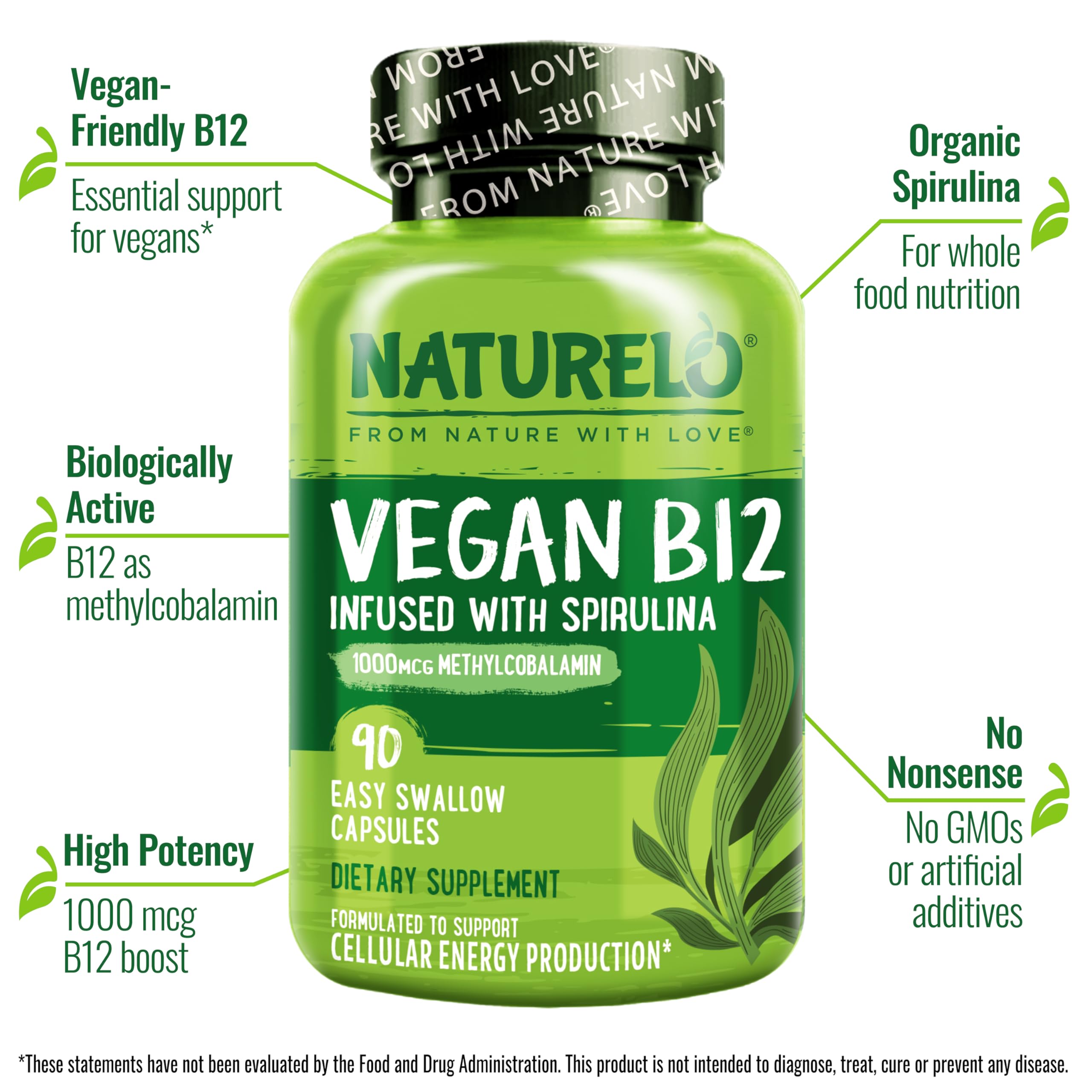 Naturelo Vegan B12 bottle label - 1000 mcg methylcobalamin with spirulina - pack 2