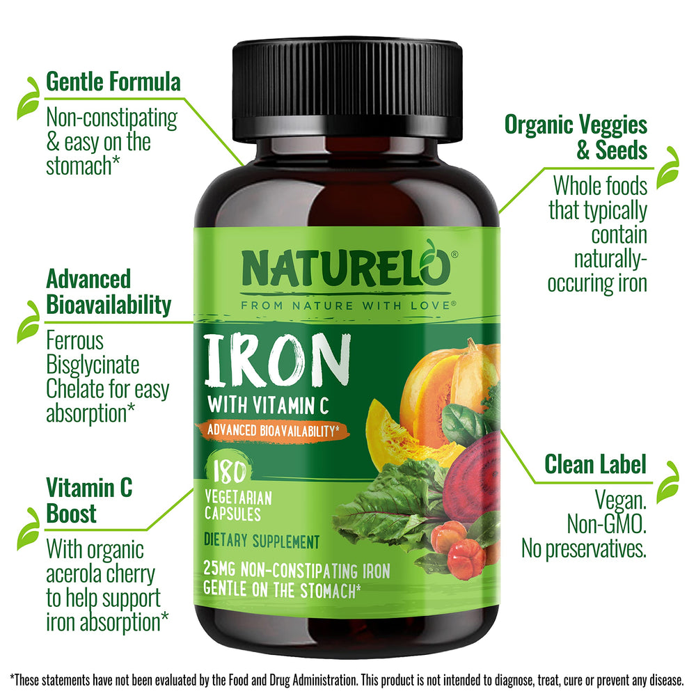 Close-up of Naturelo iron ingredients including organic acerola vitamin C and whole-food blend