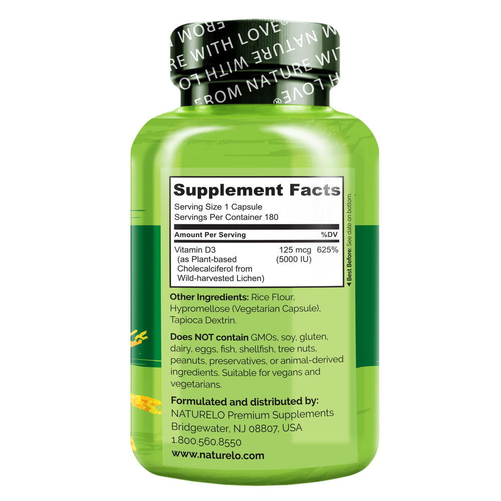 Capsules of Naturelo Vitamin D3 5000 IU vegan supplement