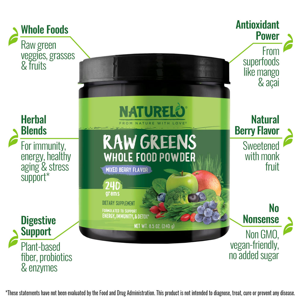NATURELO Raw Greens Powder 240g Mixed Berry packaging