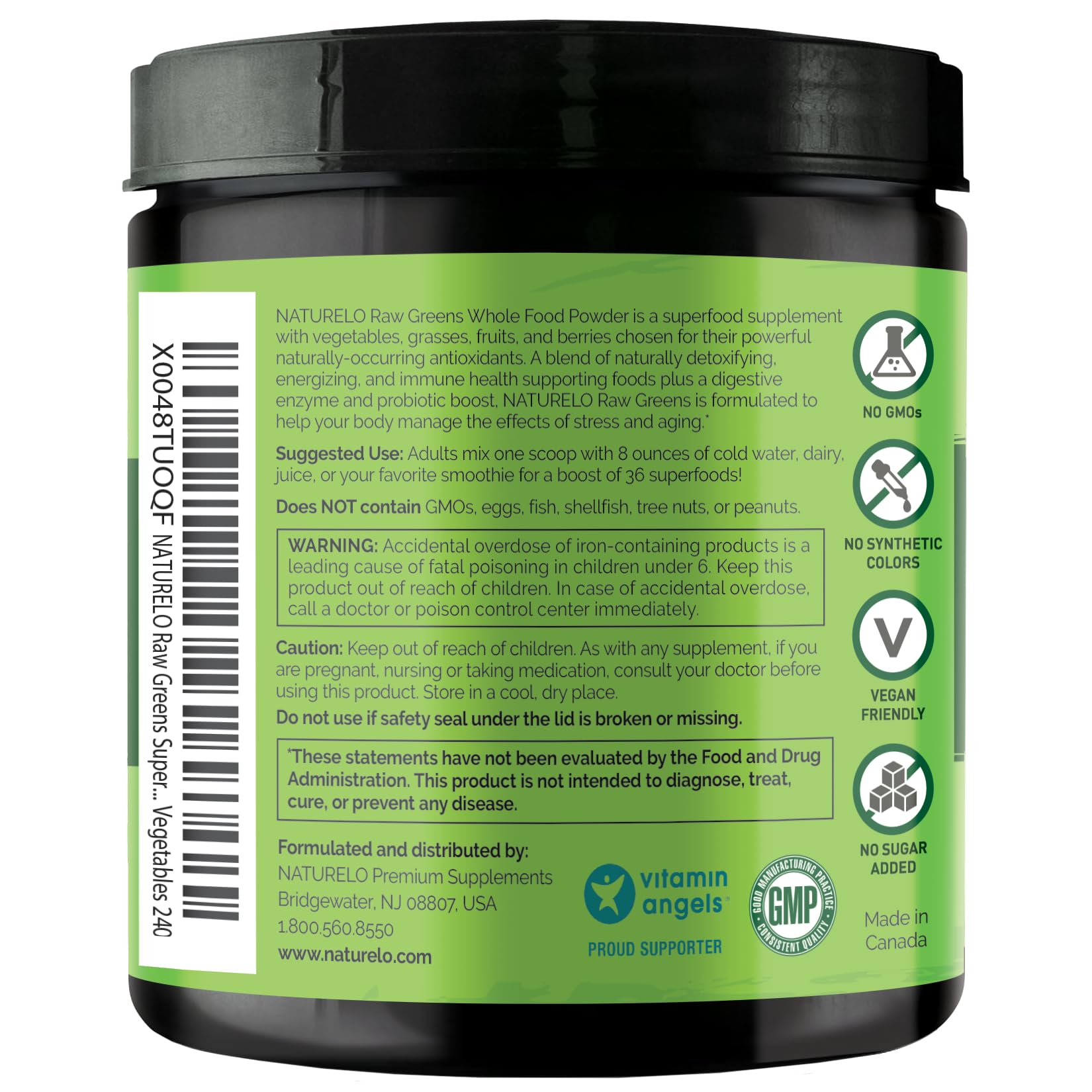 Bottle of NATURELO Raw Greens Powder with berries