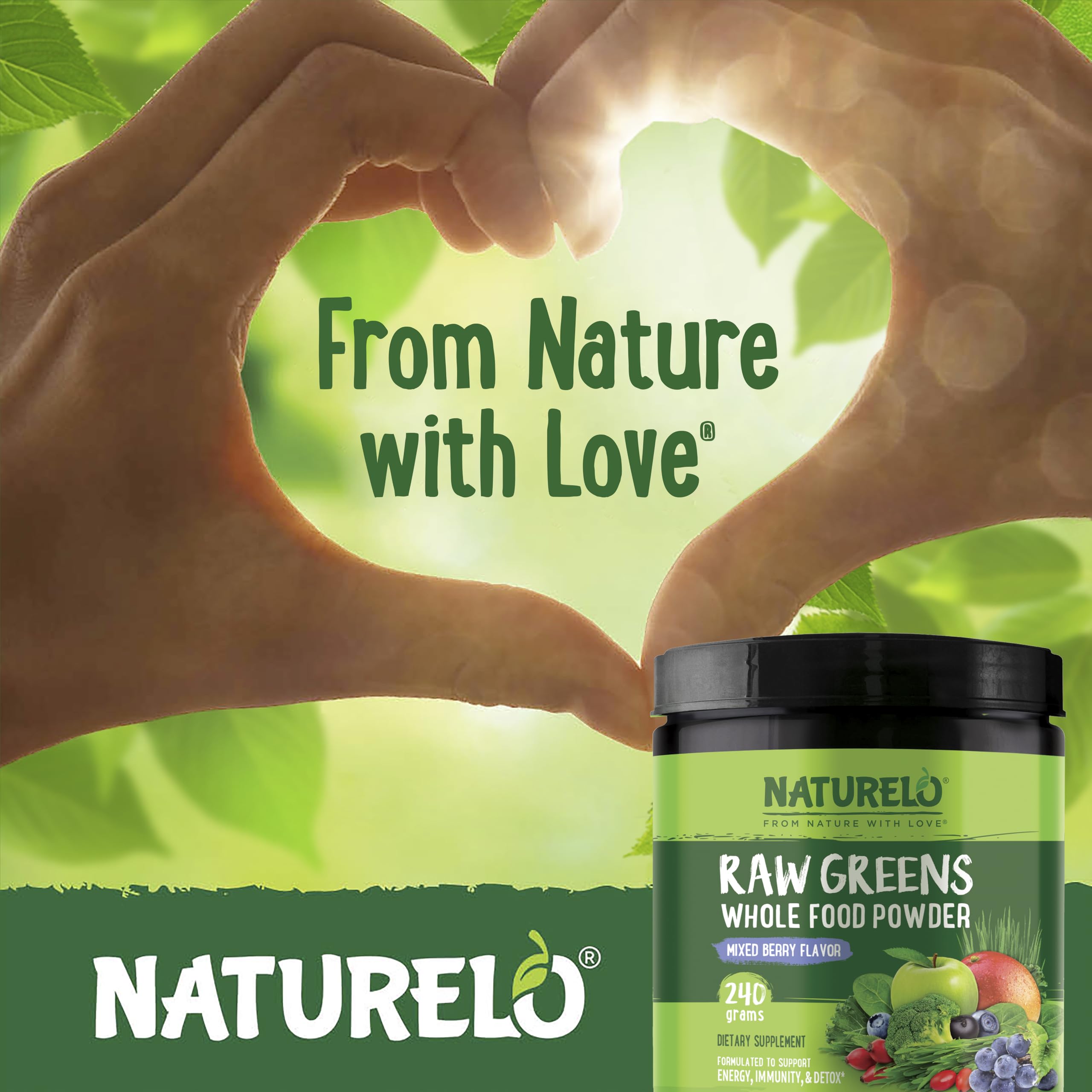 Closeup of product label on NATURELO greens powder