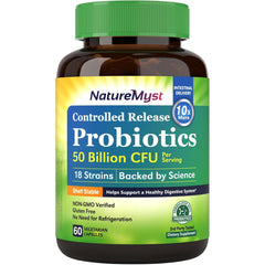 NatureMyst Probiotics bottle with label showing 50 Billion CFUs