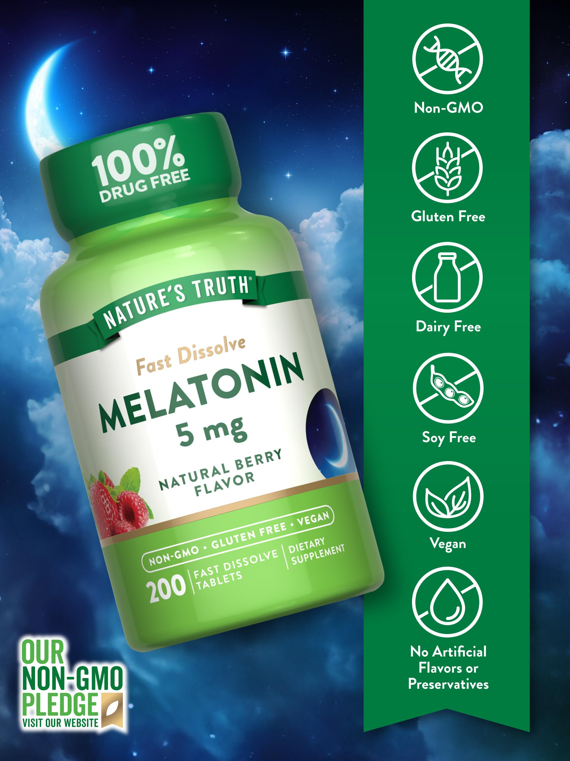 Vegan, non-GMO, gluten-free icons for Nature's Truth melatonin