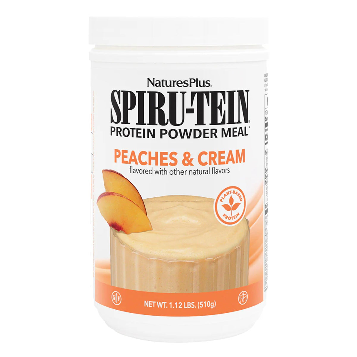 Front view of Nature'sPlus SPIRU-TEIN Shake Peaches & Cream 1.1 lb canister