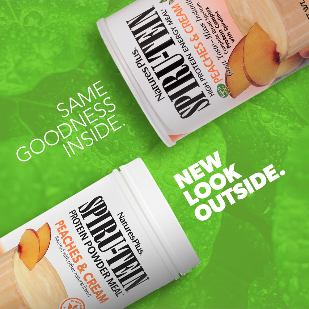 SPIRU-TEIN Shake Peaches & Cream packaging and canister