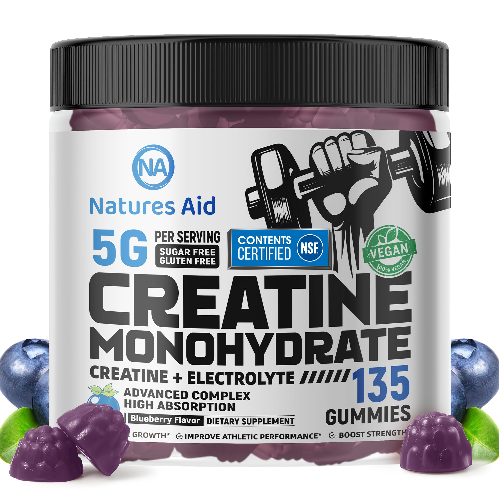 Natures Aid creatine gummy bottle with 135-count package for easy daily use