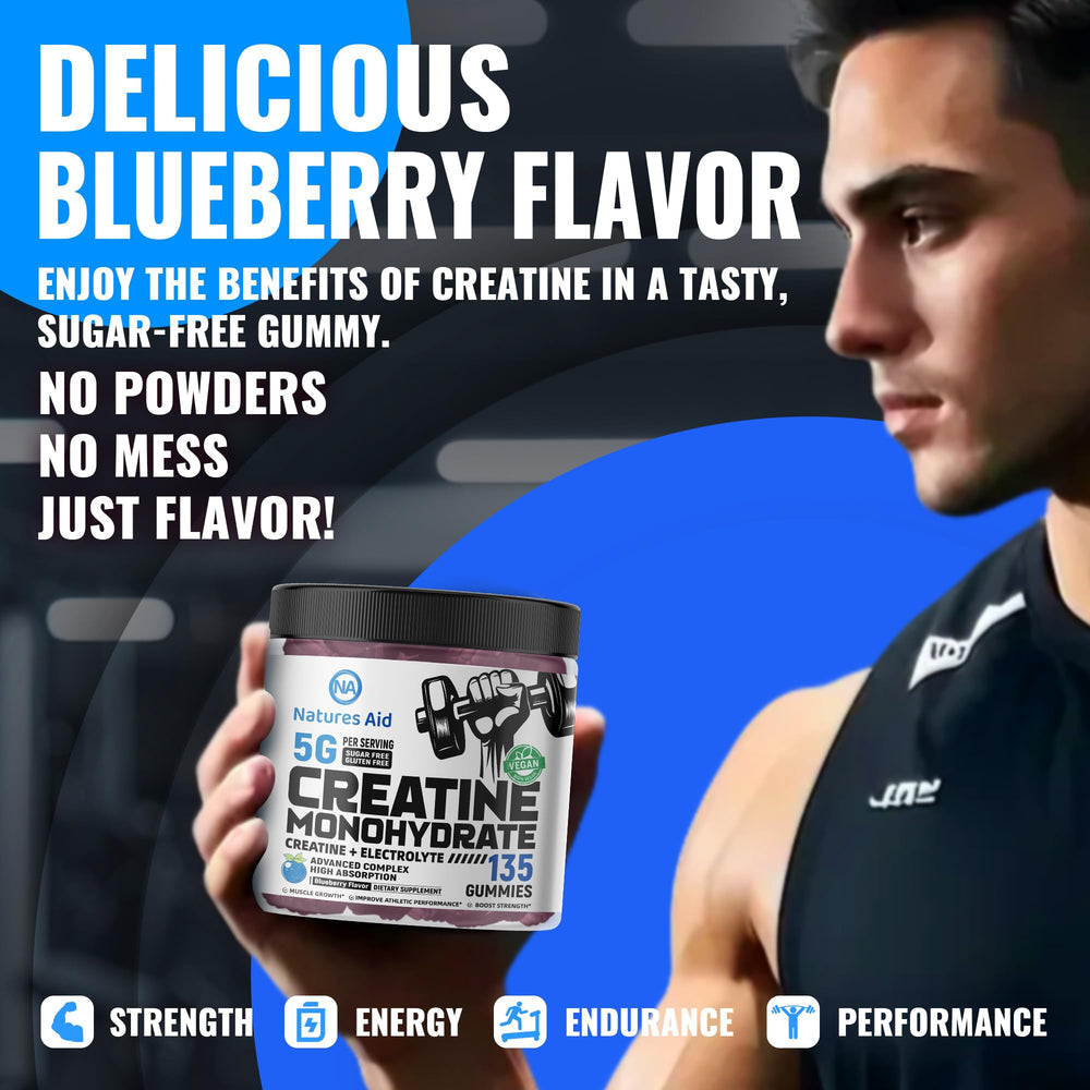 Natures Aid creatine gummy packaging highlighting vegan and sugar-free formula